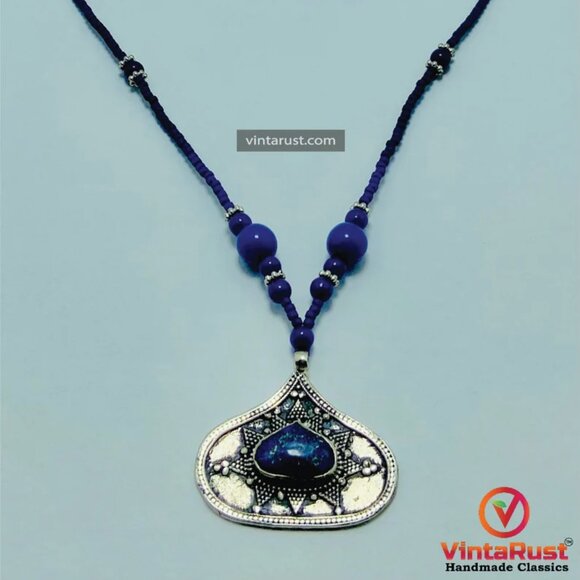 Handmade Minimalist Lapis Necklace, Beaded Chain Necklace, Handcrafted Gemstone - Picture 5 of 11